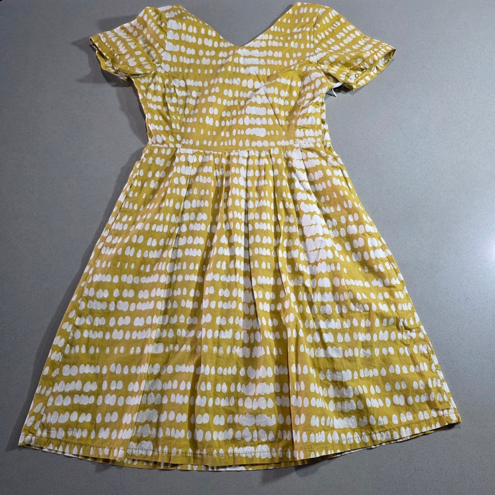 Global Mamas Mustard Yellow White Dot Print V-Neck Fit & Flare Dress Small Ghana